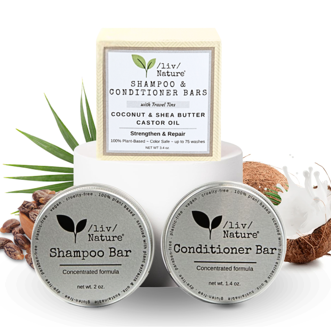 Shampoo and conditioner bars with coconut and leaf elements on a white background