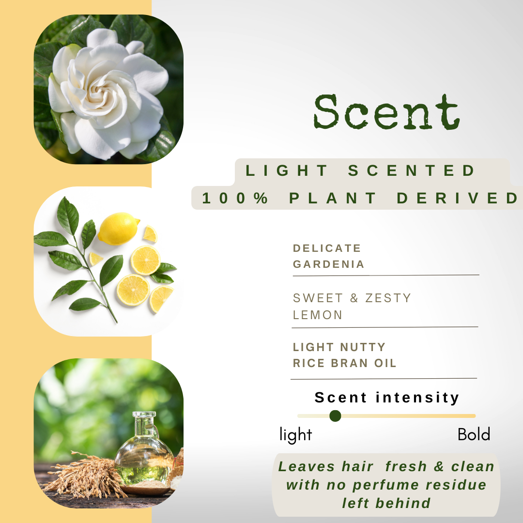 light scented plant derived ingredients like delicate gardenia, sweet and zesty lemon and light nutty rice bran oil. scent intensity is light.