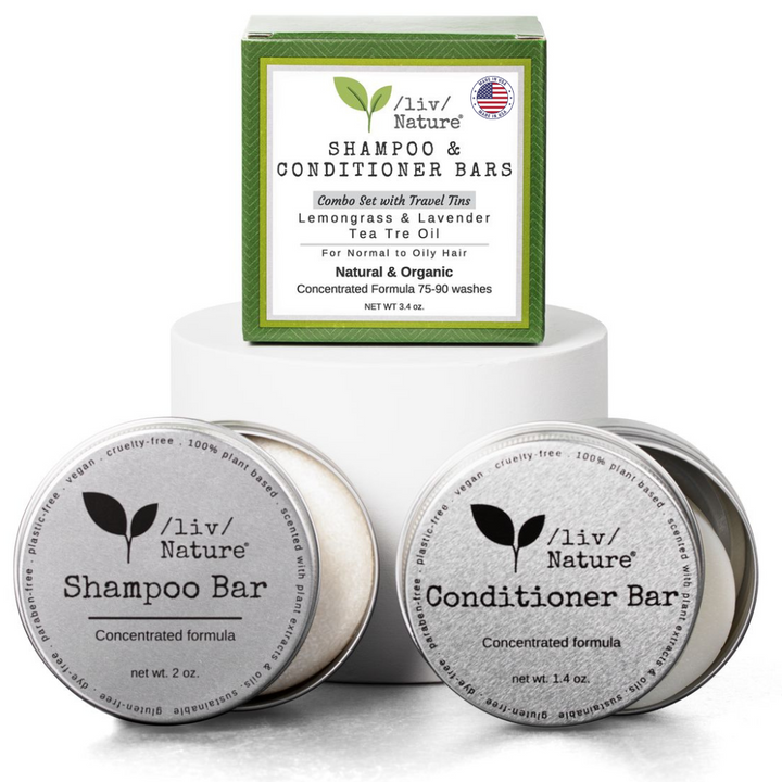 /liv/ Nature Shampoo Bar and Conditioner with Travel Tins | Lemongrass, Lavender, Tea Tree Oil | Clarifying & Growth | For Oily Hair | USA 2-pk