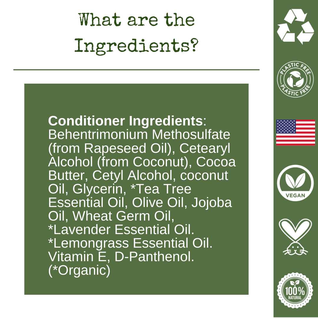 A list of ingredients of liv nature tea tree conditioner bar such as tea tree essential oil, olive oil, jojoba oil, lavender essential oil, lemongrass essential oil, etc.