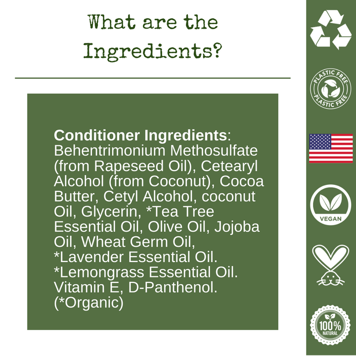 A list of ingredients of liv nature tea tree conditioner bar such as tea tree essential oil, olive oil, jojoba oil, lavender essential oil, lemongrass essential oil, etc.