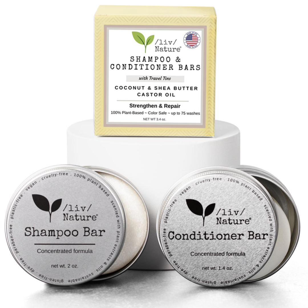 /liv/ Nature Shampoo Bar and Conditioner Set with Travel Case, Strengthen and Repair Dry Hair | Coconut, Castor Oil, Shea Butter, Made in USA, 2-pk