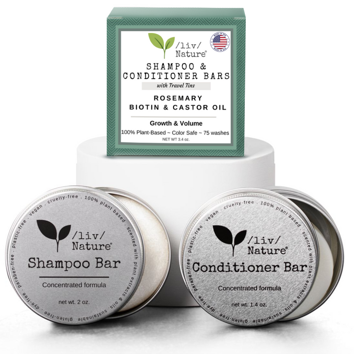 /liv/ Nature Shampoo Bar and Conditioner with Travel Tins | Rosemary, Biotin, Castor Oil | Growth, Volume, Thickening | For Thinning Hair | USA 2-pk