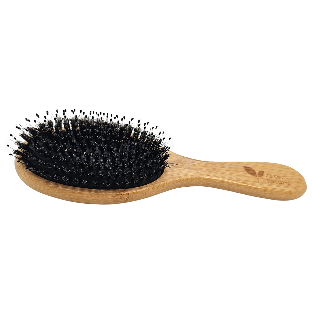 Boar Bristle Hair Brush with liv nature logo that helps Restore Shine, Smoothing, Detangle and Massage scalp.