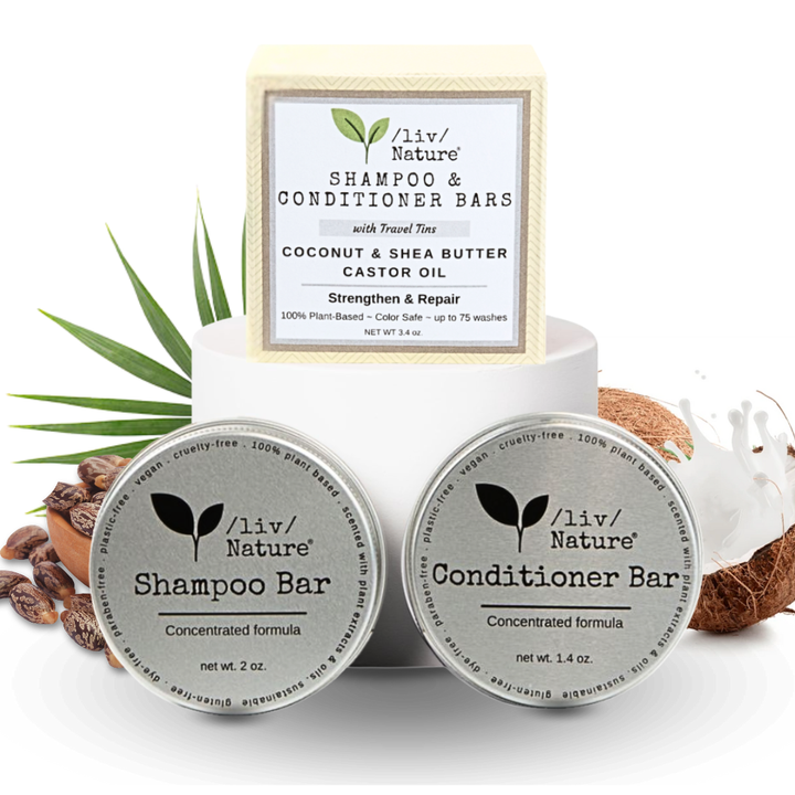 Eco-friendly shampoo and conditioner bars for strengthening and repairing dry hair, shown with travel case.