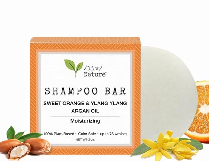 Moisturizing and volumizing shampoo bar for dry hair, orange and ylang ylang essential oils, eco-friendly, compact packaging.