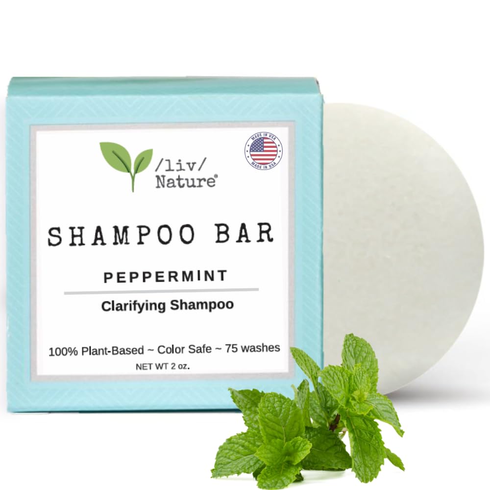 Liv Nature peppermint-scented clarifying shampoo bar in eco-friendly packaging, ideal for oily hair and dandruff, made with natural ingredients, travel-friendly.