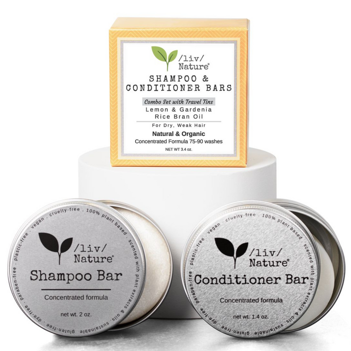 /liv/ Nature Shampoo Bar and Conditioner Set with Travel Case | Volume and Strength for Dry Hair | Lemon, Argan Oil, Gardenia| Made in USA | 2-pk