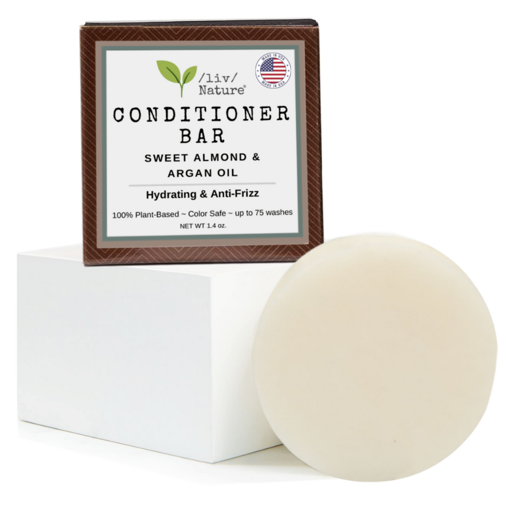 liv nature solid conditioner bar for dry frizzy hair argan oil sweet almond oil moisturizing conditioning bar plastic free sulfate free organic essential oils