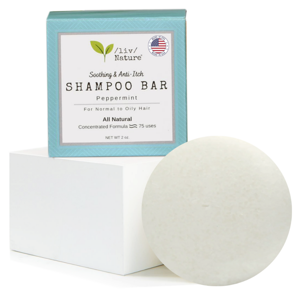 Liv Nature peppermint-scented clarifying shampoo bar in eco-friendly packaging, ideal for oily hair and dandruff, made with natural ingredients, travel-friendly.