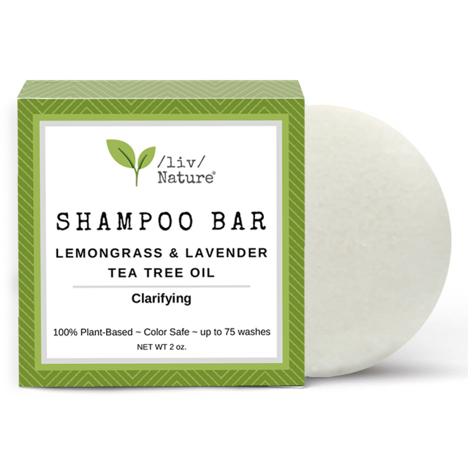 Natural-ingredient solid shampoo bar for oily hair, tea tree and lemongrass essential oils  with compact, reusable packaging.