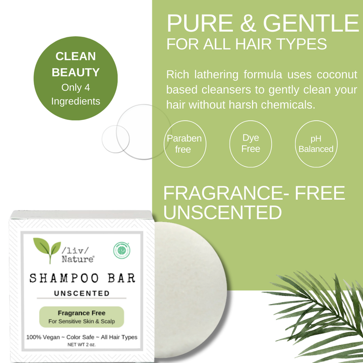 /liv/ Nature Unscented Shampoo Bar | EWG Verified | Hypoallergenic | Fragrance Free | Ultra Gentle, Safe for Sensitive Skin, Psoriasis | Travel Essential | USA 1-pk