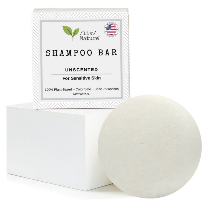 shampoo bar in front of a white box /liv/ Nature Unscented Shampoo Bar Hypoallergenic Fragrance Free Ultra Gentle, Safe for Sensitive Skin, Psoriasis 