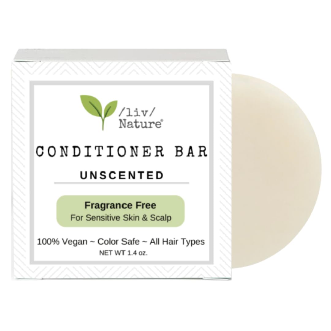 /liv/ Nature Fragrance Free Conditioner Bar | Detangle & Moisturize | Hypoallergenic | Gentle & Safe, Sensitive Scalp & Psoriasis | Unscented | Plastic-Free | Made in USA