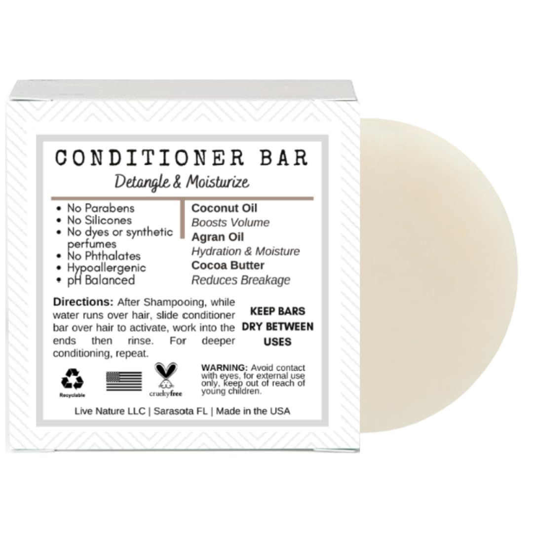 /liv/ Nature Fragrance Free Conditioner Bar | Detangle & Moisturize | Hypoallergenic | Gentle & Safe, Sensitive Scalp & Psoriasis | Unscented | Plastic-Free | Made in USA