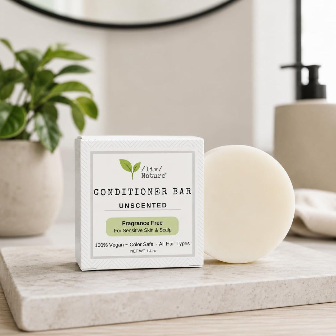 /liv/ Nature Fragrance Free Conditioner Bar | Detangle & Moisturize | Hypoallergenic | Gentle & Safe, Sensitive Scalp & Psoriasis | Unscented | Plastic-Free | Made in USA
