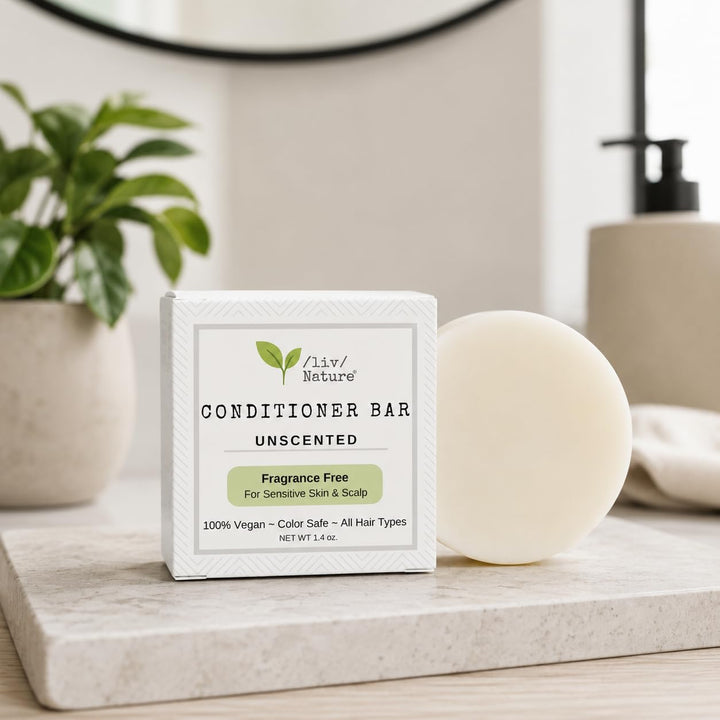 /liv/ Nature Fragrance Free Conditioner Bar | Detangle & Moisturize | Hypoallergenic | Gentle & Safe, Sensitive Scalp & Psoriasis | Unscented | Plastic-Free | Made in USA