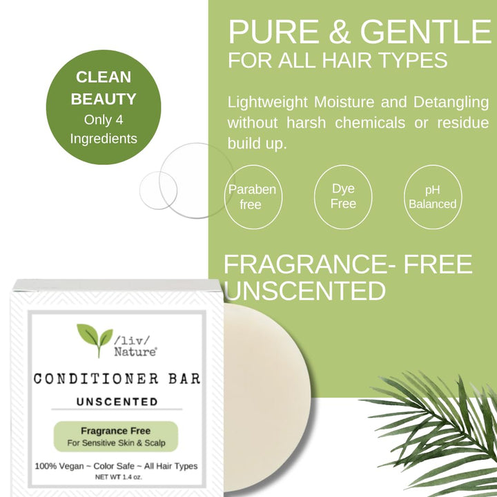 /liv/ Nature Fragrance Free Conditioner Bar | Detangle & Moisturize | Hypoallergenic | Gentle & Safe, Sensitive Scalp & Psoriasis | Unscented | Plastic-Free | Made in USA