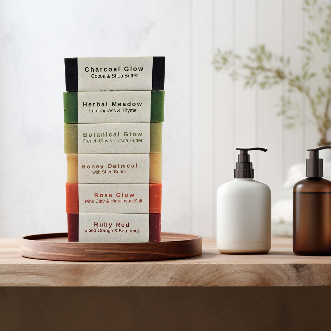 A stack of six colorful bars from a shampoo and conditioner bar set sits on a wooden tray, featuring labels like 'Charcoal Glow' and 'Herbal Meadow.' The bars are ideal for a bar shampoo and conditioner travel case and are shown next to travel-size shampoo and conditioner sets in pump bottles.